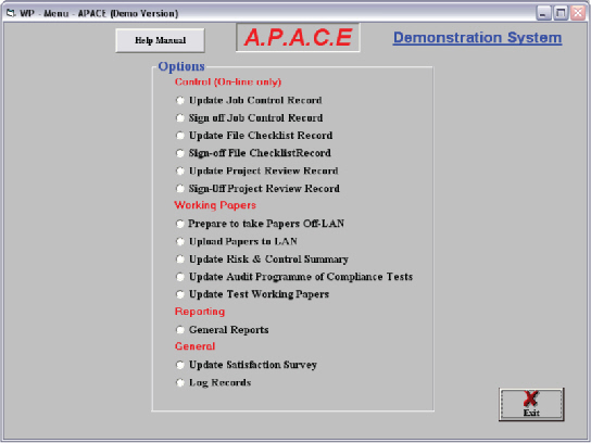 apace audit software, management and control environment sample screen.